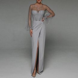 Casual Jurken Feest Vrouwen Avond Elegante Bladerdeeg Mouw Uitgehold Mesh Strapless Bodycon Jurk Backless Split Prom Wedding Maxi