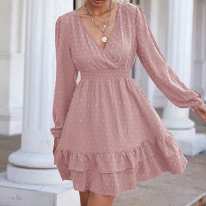 Casual jurken feest dames lente en herfst roze een lijn chiffon mode v nek taille ruche vrouw hedging lantaarn lange mouw 230517