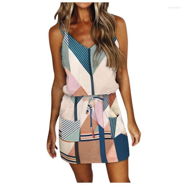 Robes décontractées motif Patchwork Mini robe femmes col en V coréen bretelles Sexy sans manches surdimensionné Bandage Sukienki # G3