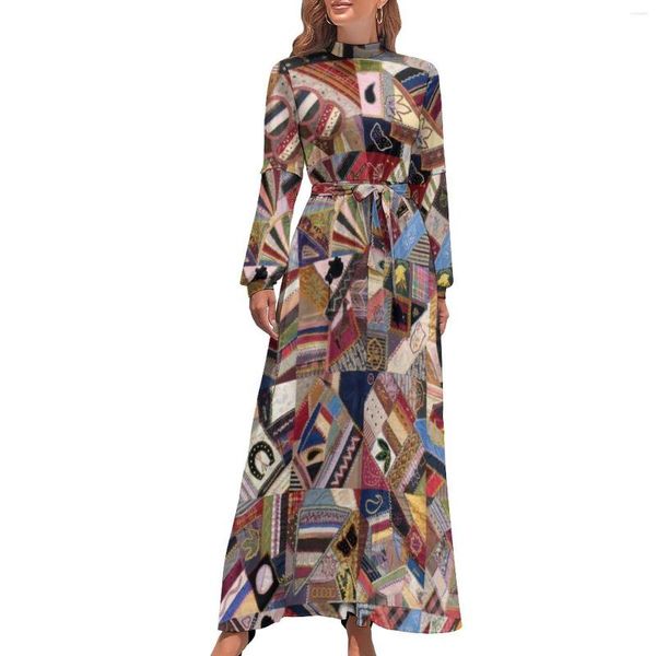 Robes décontractées Patchwork Quilt Robe taille haute abstrait vintage imprimé graphique bohême manches longues maxi vêtements sexy