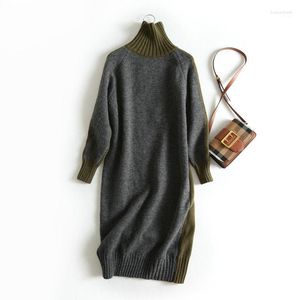 Casual jurken Patchwork Turtleneck trui jurk vrouwelijke winter warme dikke dames elegante plus maat lange mouw vintage Koreaans