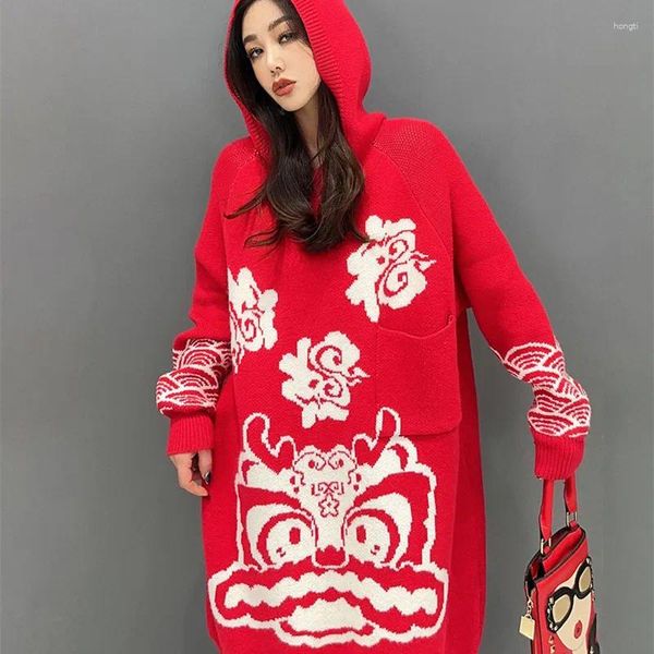 Robes décontractées Modèle d'impression Pull à capuche Femmes Printemps Automne Robe tricotée Plus Taille Lâche Robe de Mujer