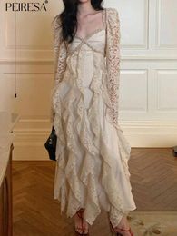 Casual jurken peiresa 2024 zomer ruches patchwork 2 -delige set kanten jurk dames spaghetti riem lange sjaal frans elegante gewaad