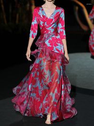 Robes décontractées peiresa design de luxe volants patchwork robe de soirée en satin femme imprimement floral v cou à sept manches minces de taille maxi