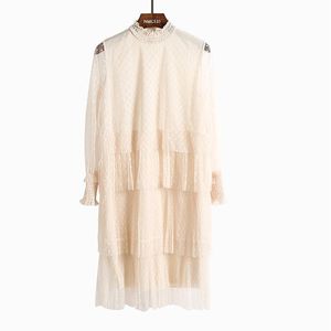 Casual Jurken Misschien U Lente Herfst Stand Kraag Beige Grijze Dot Chiffon Cascading Ruche Lange Mouw Mesh Knielengte Jurk Losse D0633