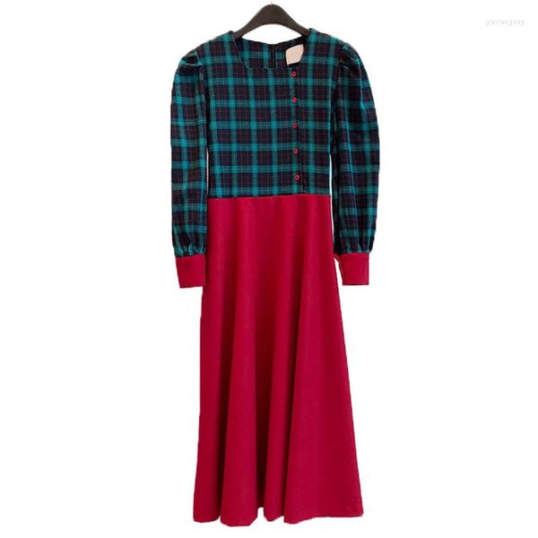 Robes Décontractées PERHAPS U Femmes Bleu Marine Rouge Vintage Col Carré Manches Longues Plaid Patchwork Bouton Hit Couleur Midi Drees Automne Printemps