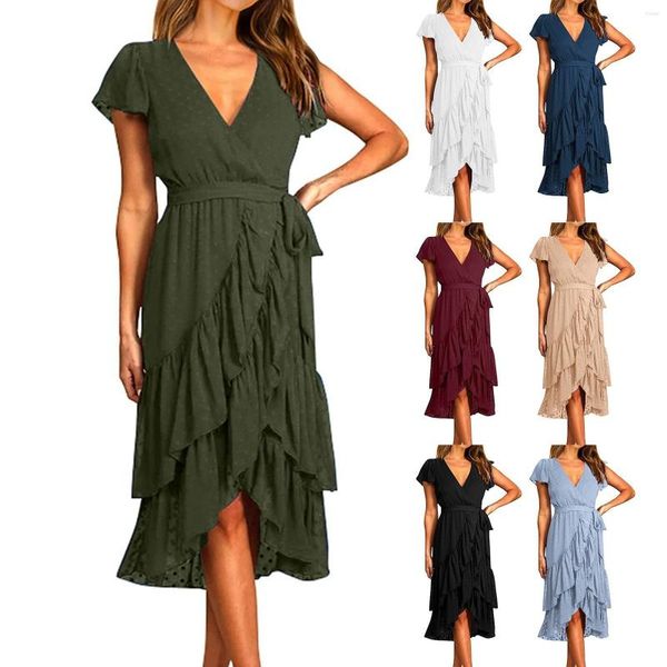 Robes décontractées Personnalité Couleur unie Col V Robe sexy Été simple et exquis pour les femmes avec poches Tee-shirt Longueur au genou