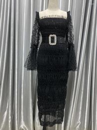 Robes décontractées Perspective Gaze noire Fold Party à manches longues apporté la corne manches paillettes flocage robe française