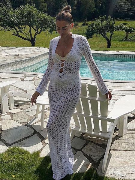 Robes décontractées Perspective Creux Crochet Fleur Sexy Robe Tricotée Femmes Plage Vacances Crochet À Manches Longues Longueur Maxi Robes Chic