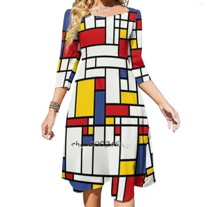 Casual jurken Piet Mondriaan abstracte kunst jaren 1960 rood blauw geel jurk met vierkante hals schattig losse print elegant strandfeest