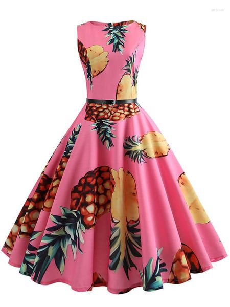 Vestidos casuales Estampado de piña Vestido vintage Mujer Verano Pin Up Retro 50s Rockabilly Sin mangas A-Line Midi Party Belt