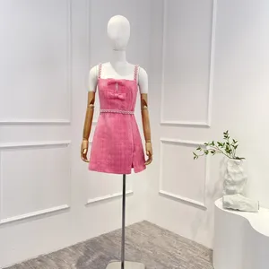 Casual jurken roze 2024 lente zomer hoge kwaliteit zoete boog mouwloze parels riem strappy vrouw jurk voor feest