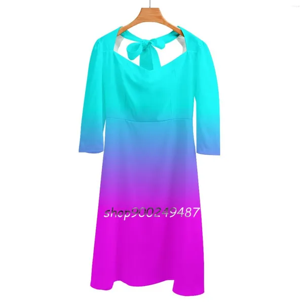 Robes décontractées rose et néon aqua bleu couleur couleur fade fade robe robe carrée couche élégante femelle imprimée