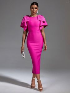 Vestidos casuales Vestido de vendaje rosa Mujeres Midi Party Bodycon Elegante con cuentas volantes Sexy Noche Cumpleaños Club Trajes Verano 2023