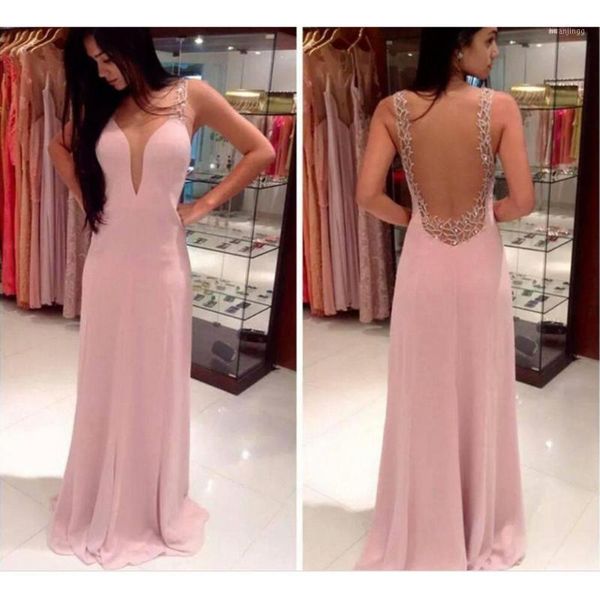 Vestidos casuales Vestido de gasa rosa para mujer Verano 2022 Moda elegante Fiesta larga Boda Espalda descubierta Correa de espagueti con cuello en V