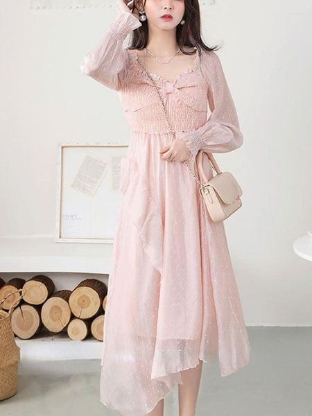 Robes décontractées rose en mousseline de soie français élégant robe femmes Dot doux fête Midi femme mode coréenne irrégulière casual Vintage été