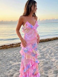 Vestidos informales de chifón rosa Linga de volante Maxi Mujeres Tieridas Chic dulce sin mangas V para el cuello Rente de vacaciones 2024 Spring Lady Beach Vestidos