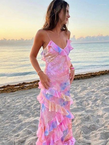 Robes décontractées rose mousseline à volants Sling Maxi Robe Tierred Women Chic Sweet Souevel sans manches V Holiday Robe 2024 Spring Lady Beach Vestidos