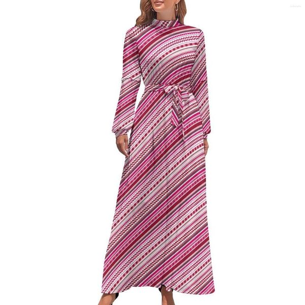 Robes décontractées Points roses et rayures Robe taille haute Funky Shades Print Design Boho Beach Manches longues Maxi Robes