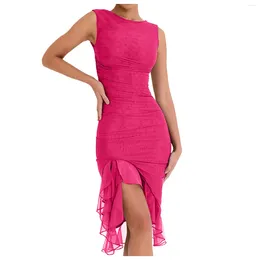Casual jurken roze elegante ruches ruches midi -jurk voor vrouwen zomer backless mouwloze onregelmatige club feest sexy vestidos de fiesta