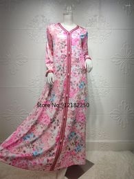 Casual jurken roze bloemen maxi jurk voor vrouwen etnisch lint v nek dubai kalkoen Arabische Oman Morokkaanse kaftan moslimkleding 2023