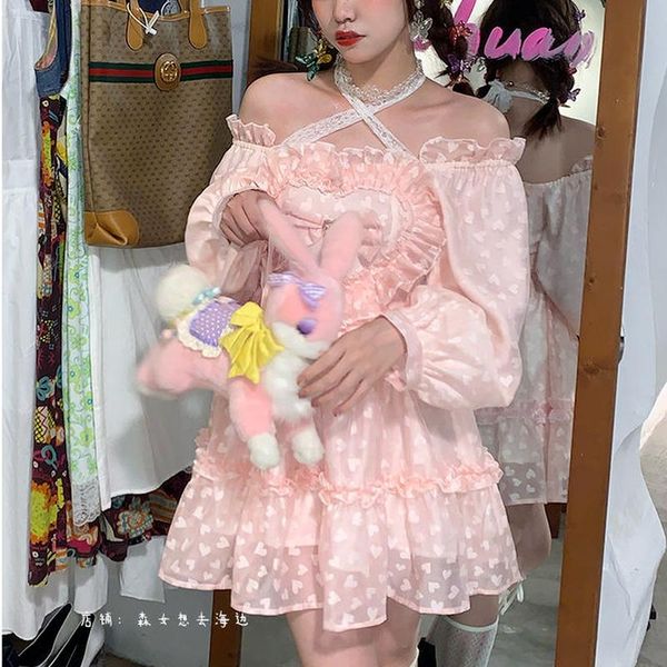 Vestidos casuales rosa japonés dulce Lolita vestido mujeres Kawaii Hada fiesta Mini mujer coreano encaje Halter linda princesa otoño 2022 Casual