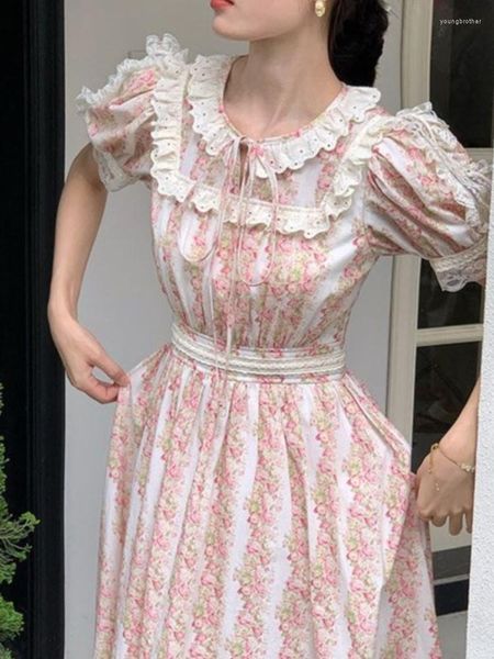Robes décontractées rose Kawaii France Vintage robe femmes imprimé fleuri élégant soirée Midi dentelle manches bouffantes rétro doux 2023