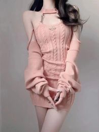 Vestidos casuales Trajes de punto rosa Office Lady Sweet Y2K Crop Tops Mini vestido Mujeres 2024 Otoño Corea Moda Incluso Fiesta Conjunto de 2 piezas