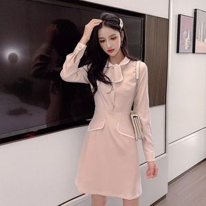 Robes décontractées rose Style coréen Kawaii robe femmes à manches longues S-XL nœud papillon élégant dames doux bouton une ligne Mini Vestidos Mujer 2022