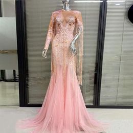 Vestidos casuales Pink Ladies Sexy Beading Chain Mermaid Vestido largo Performance Costume Birthday Celebrate Party Nightclub Outfit En stock