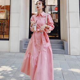 Robes décontractées Robe à manches longues rose Femme Printemps 2024 Coréen Rétro Chic Longue Chemise Simple Boutonnage Solide Robes Femme