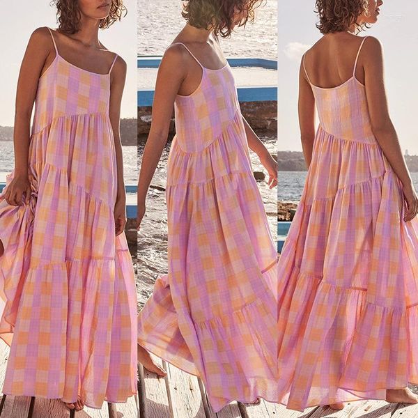 Vestidos casuales Rosa Looose cintura correa larga 2023 verano mujeres vestido estampado tirantes sueltos mujeres