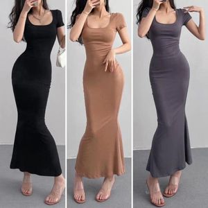 Vestidos casuales Sirena rosa Mujeres Sexy Cuello cuadrado Estilo francés Vintage Verano Damas Temperamento Delgado Tobillo-Longitud Moda Ulzzang C