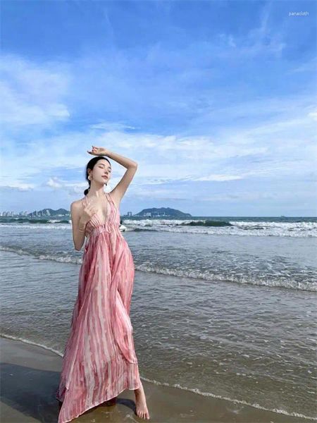 Robes décontractées patchwork rose club sexy backless élégant robe de soirée halter d'été V-cou bandage de fête d'anniversaire long bohème coréen