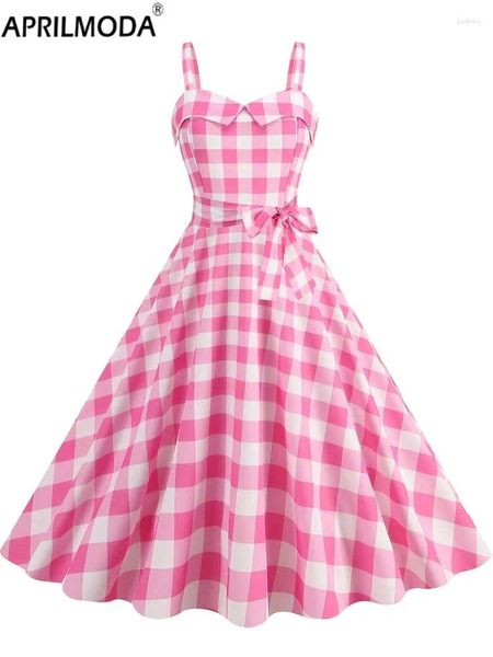 Vestidos casuales Pink Plaid Mujeres Vintage Swing Vestido Retro Rockabilly Correa Tirantes Cóctel Fiesta 1950s 40s Pinup Verano