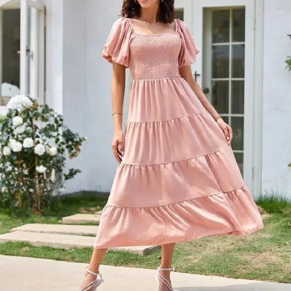 Vestidos casuales Falda de princesa rosa Mangas de burbuja Manga corta Moda de mujer larga Color sólido Cuello cuadrado Sin vestido de pliegue trasero