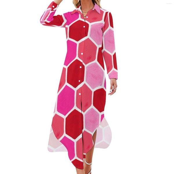 Robes décontractées rose rétro mod robe hexagone nid d'abeille mode coréenne à manches longues femmes mignonnes col en V conception grande taille en mousseline de soie