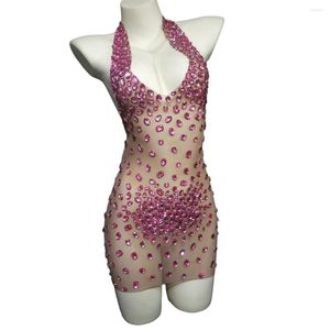 Casual jurken roze strass transparante korte jurk voor dames danser prom backless halter outfits avond verjaardag vieren