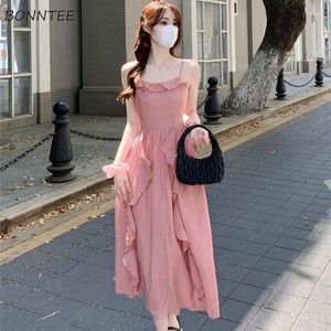 Robes décontractées Rose Ruffles Robe midi Femme sans manches romantique Français Sweet Summer Princesse esthétique Graceful chic doux