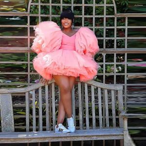 Robes décontractées rose court anniversaire pour filles noires manches gonflées robes de fête de fête PO tire une ligne V cou