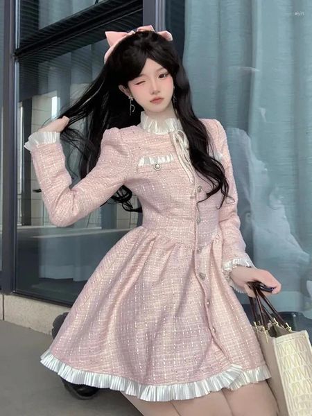 Vestidos casuales rosa dulce volante collar manga larga mujeres otoño una línea mini vestido coreano lindo solo pecho y2k elegante fiesta plisada