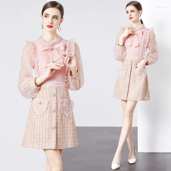 Robes décontractées Robe en tweed rose Femmes Élégant Luxe Printemps et Automne Paillettes Mesh Petit Parfum Bow Haute Qualité Dîner Fête