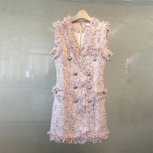 Casual jurken roze tweed jurk dames mouwloze rits met dubbele borsten tank Mini plus size tassel party v-neck vintage kantoor A296