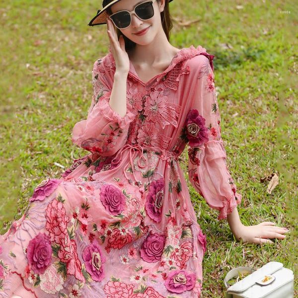 Vestidos informales Rosa joven de gama alta de lujo tridimensional bordado flor seda con capucha manga larga suelta vestido de dama de longitud media talla única
