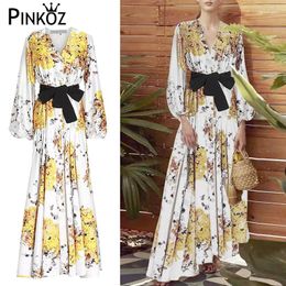 Vestidos casuales Pinkoz Boho Maxi Dress Estampado dorado con cuello en V Manga de linterna suelta Primavera Otoño Runway Designer Party Robe De Mujer con cinturón