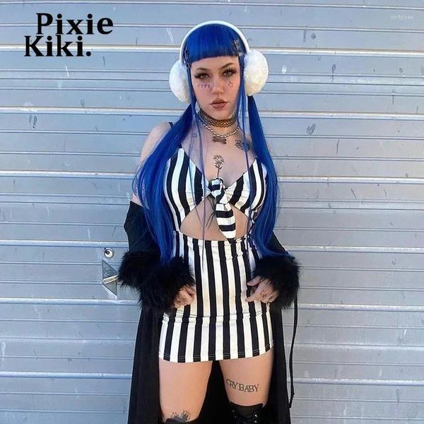 Vestidos casuales PixieKiki Vestido de corte de impresión de rayas para mujeres 2024 Gothic Punk Streetwear Sexy Cami Mini Cyber ​​Ropa P85-BE15