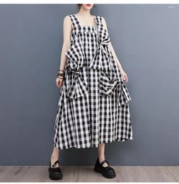 Robes décontractées robe à carreaux femmes dos nu sans manches patchwork arc petit style frais 2024 été minorité lâche W737