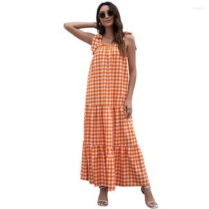 Casual jurken plaid ontspannen fit ruche elastische vierkante nek gecontroleerde gelaagde rok verstelbare tie omhoog banden Gingham maxi jurk zomer