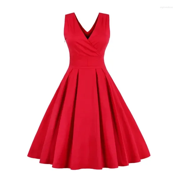 Robes décontractées solide rouge vintage robe plissée femme enveloppe en V-col