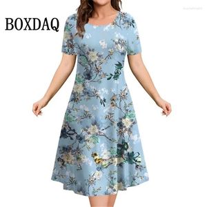 Casual Jurken Plant Bloemen Print Dames 2024 Zomer Korte Mouw Kleding Vrouwelijke Jurk Retro Dames Losse Plus Size